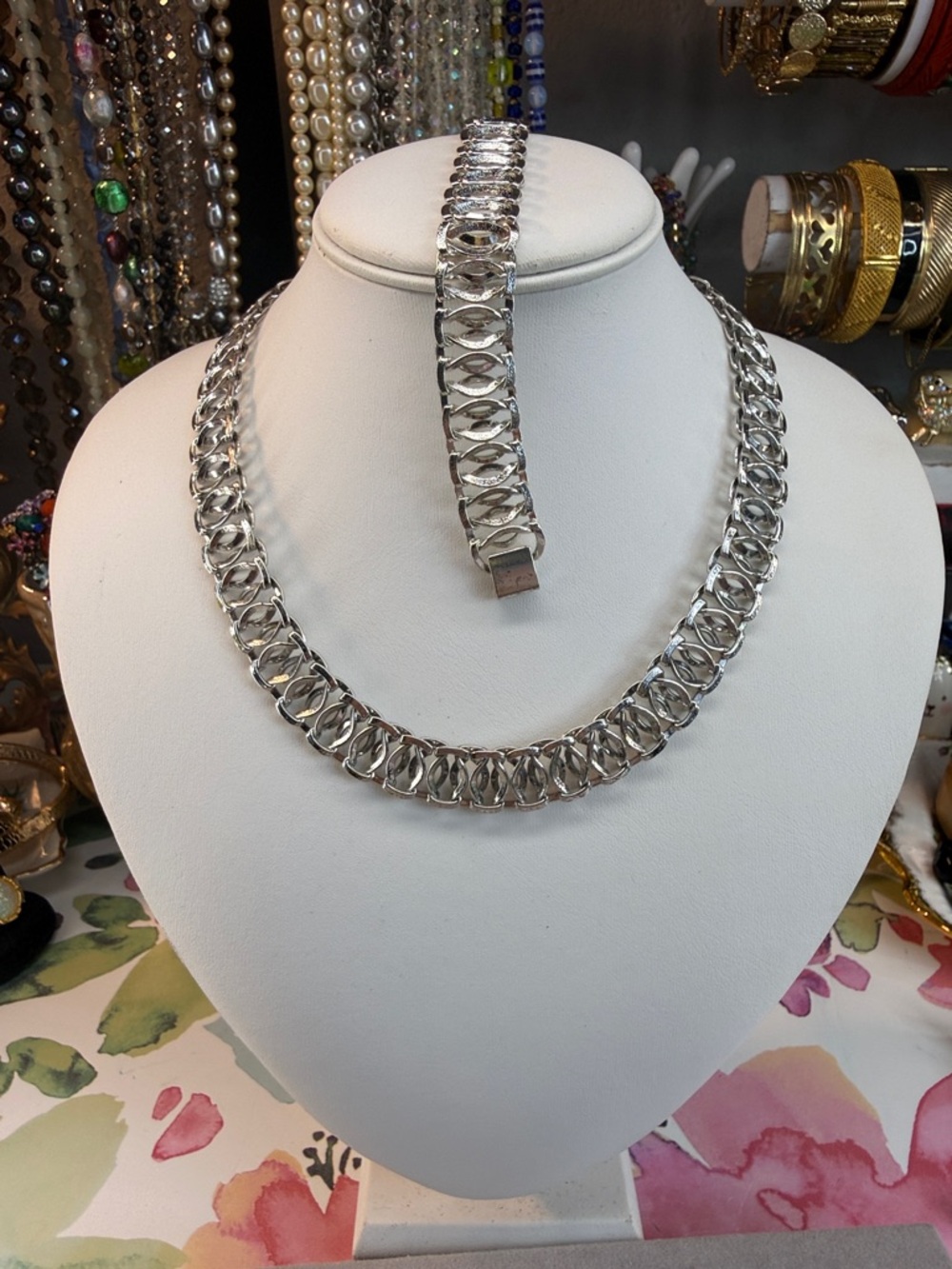 Vintage Sterling-Style Silver Link Necklace and Bracelet Set